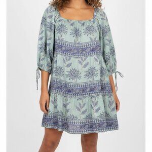 Victoria Dunn Sage Green Floral Boho Mini Dress Square Neck Bell Sleeve Size M